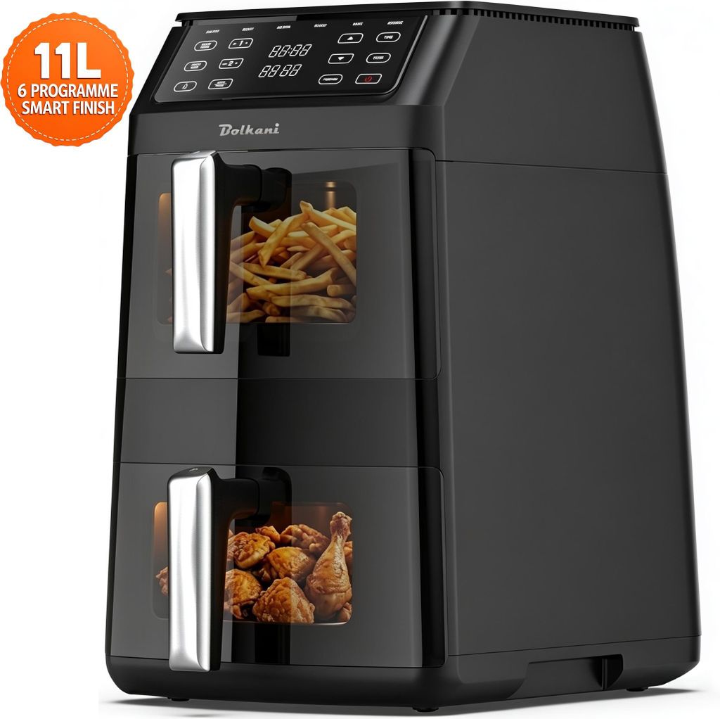 Airfryer, Heißluftfritteuse 2 Kammern, 11L Heissluftfritteuse 40% weniger Platzbedarf, 2500W Dual Zone 6-in-1 mit Touchscreen Sichtfenster Sync