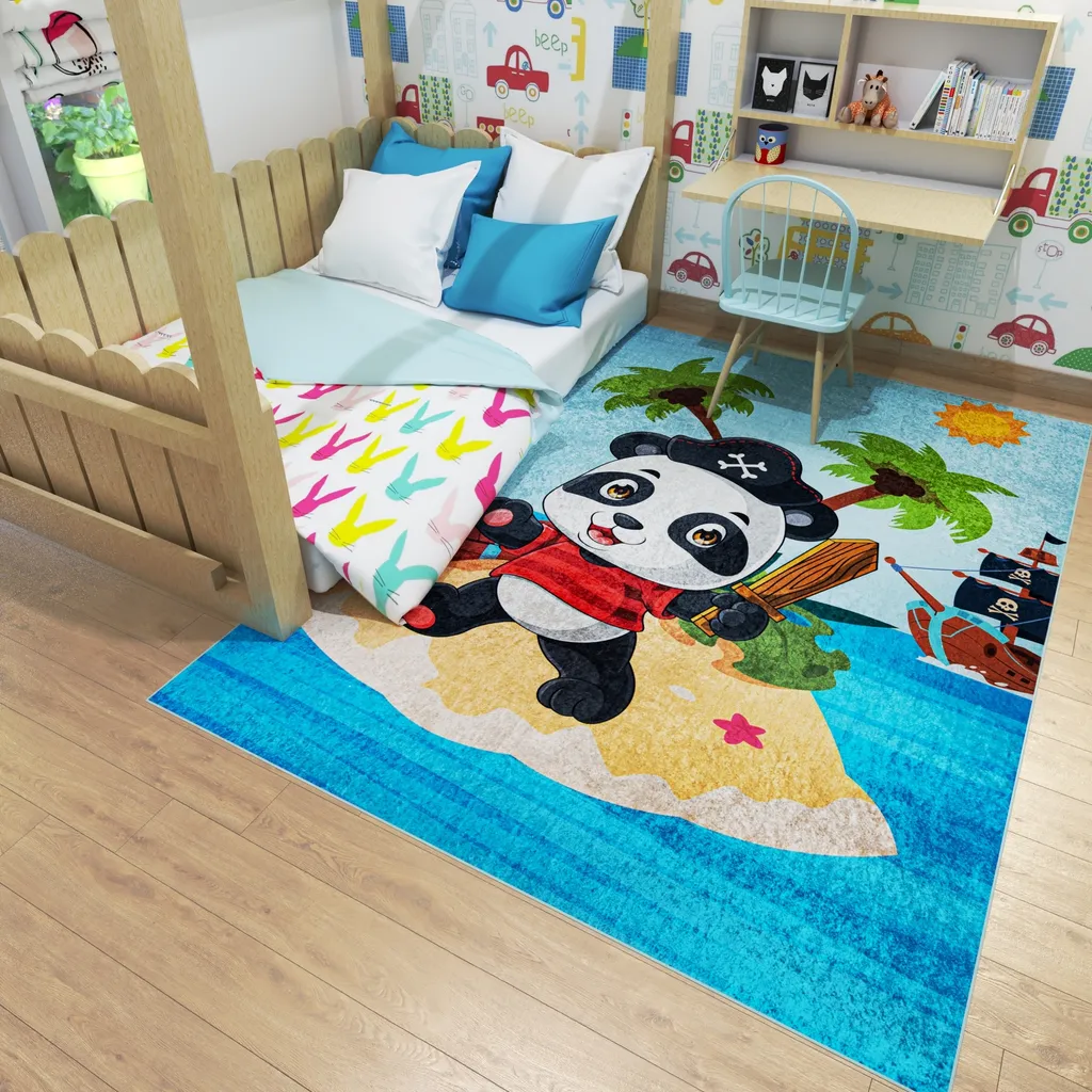 Tapis enfant lavable Mazovia Ours - Tapis bleu 80x150 poils courts