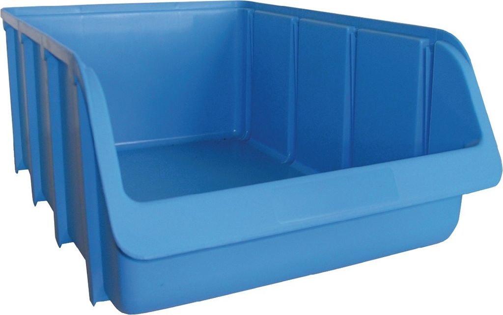 A blue plastic storage bin is shown against a white background.