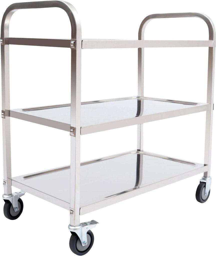 Servierwagen - Küchenwagen aus Edelstahl - 3 Ablagen - 85×45×90 cm - 4 Lenkrollen - Zum Montieren - Silber