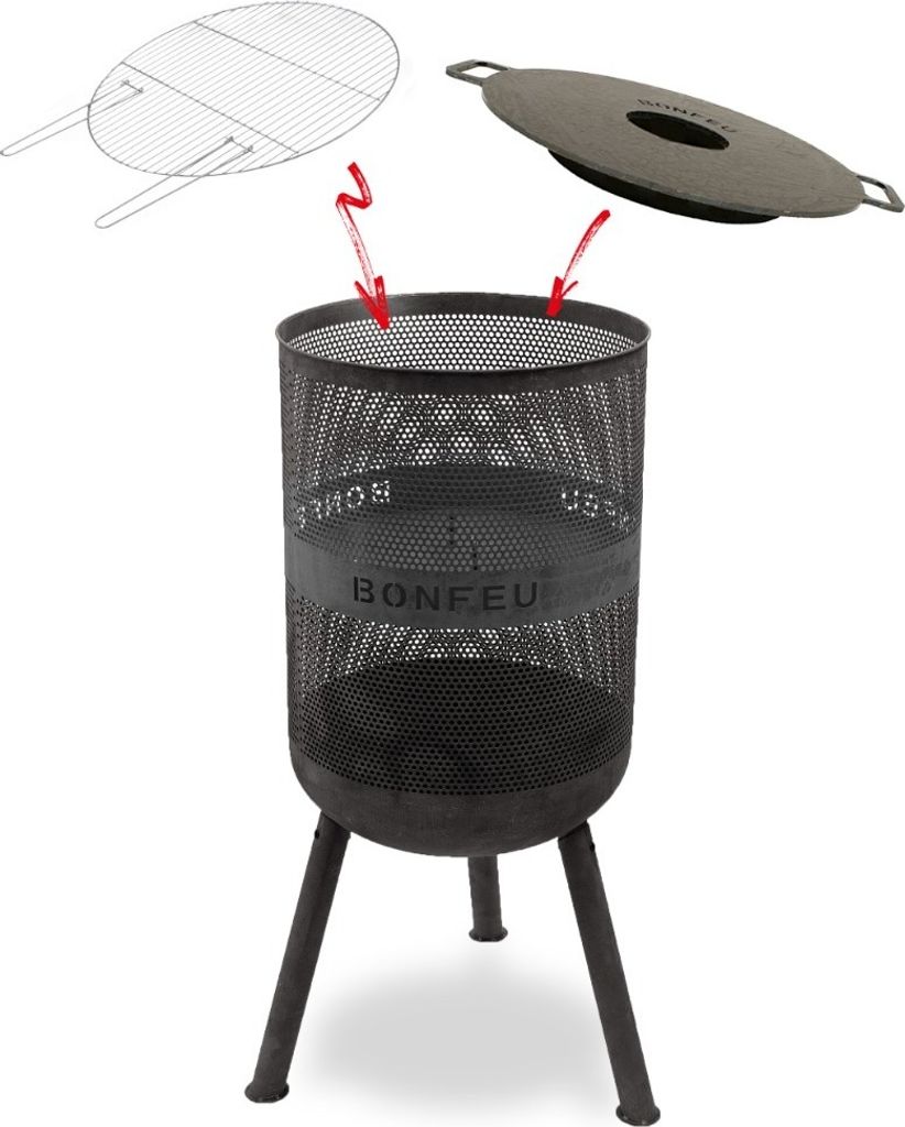 A black metal fire pit with a grill grate and a lid shown above it, against a white background.