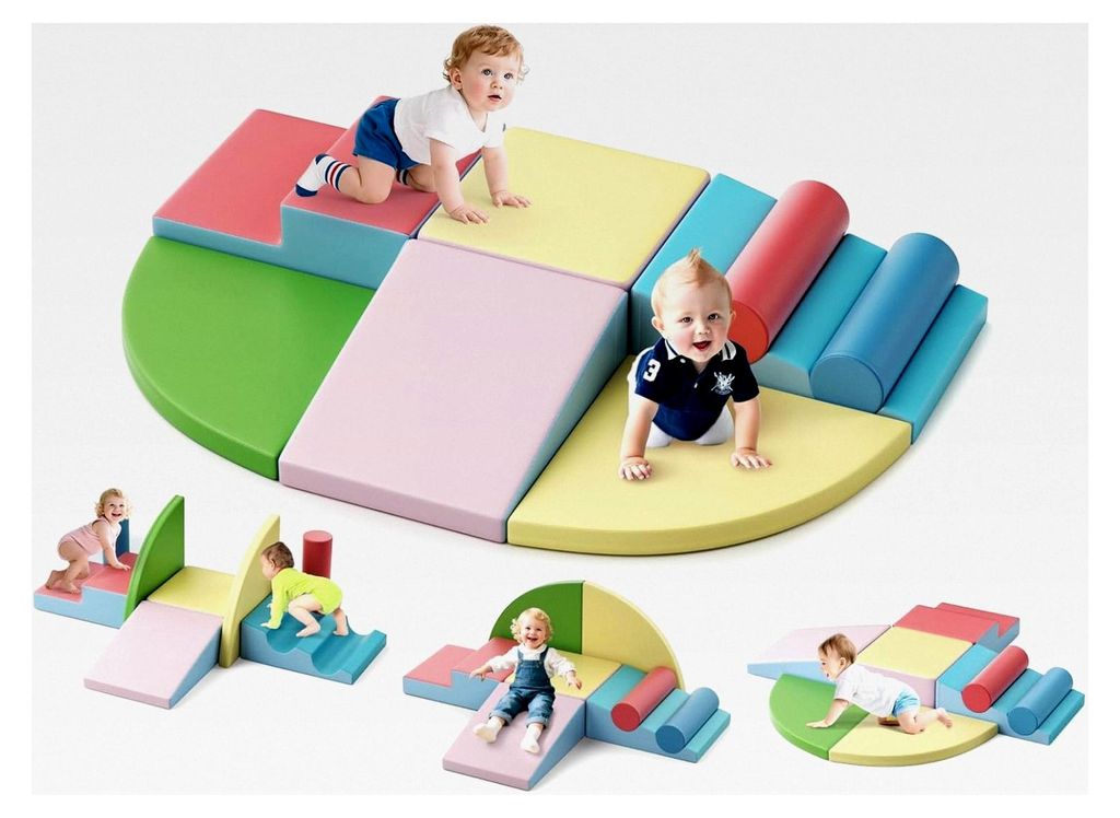 Schaumstoffbausteine für Kleinkinder, Softplay-Set für 1–3 Jahre, Kletterturm mit Rutsche, große Bausteine in Makkaronfarbe mit Lederabdeckung