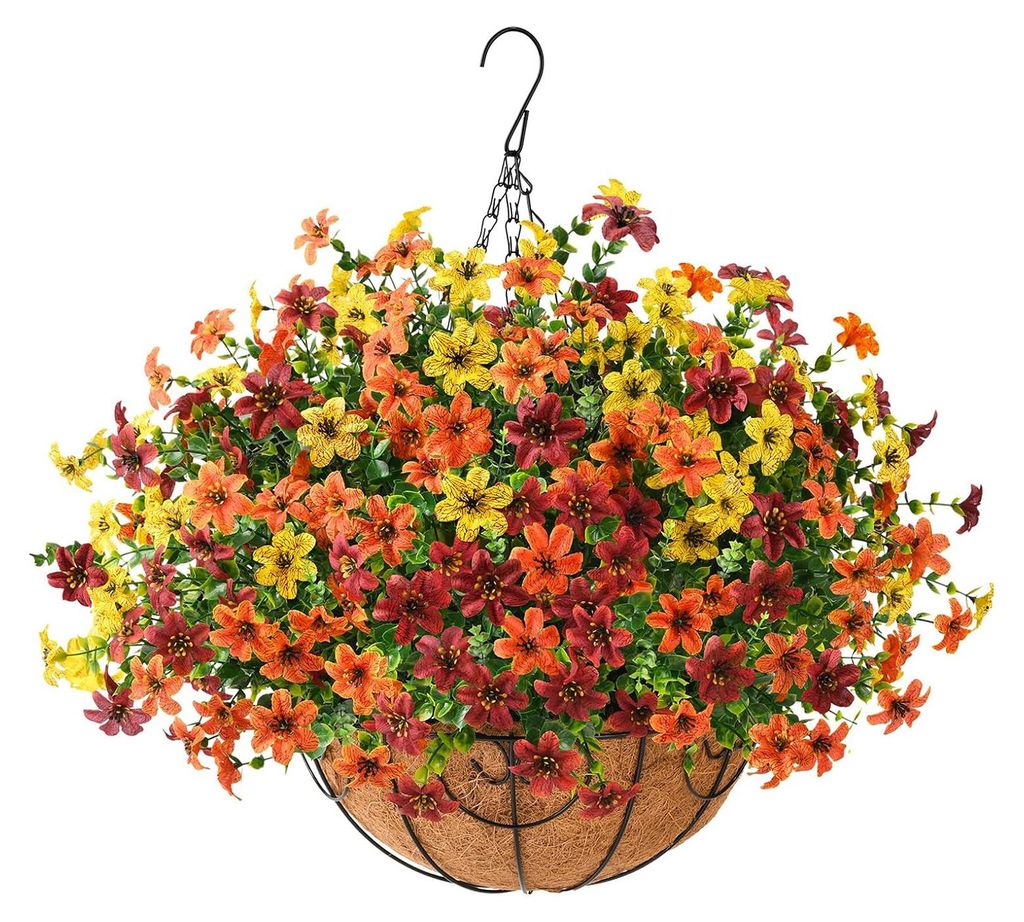 Künstlicher Hängeblumenkorb, UV-beständig, bunte Eukalyptus-Kunstblumen im Korb für den Außenbereich, ideal für Veranda, Terrasse, Balkon und...