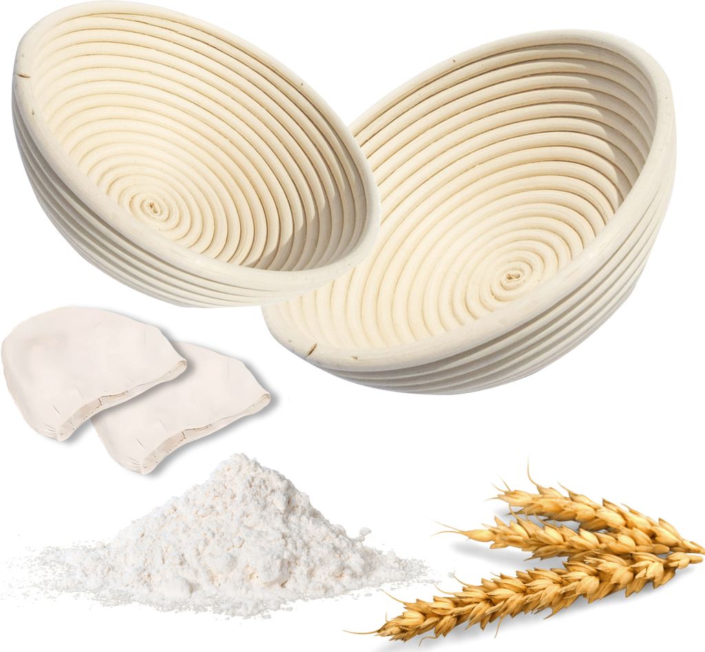 Gärkorb Rund 2er Set. Handgefertigtes Rattan-Brotkorb für perfekte Sauerteig & Hefeteig Brote inkl. Leineneinsatz optimale Teiggare & knusprige K...