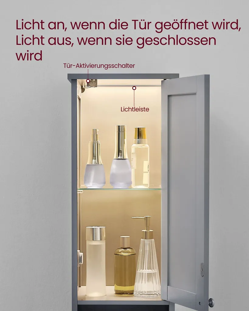 Armoire de Salle de Bain Grise en MDF avec Éclairage LED - Format Slim