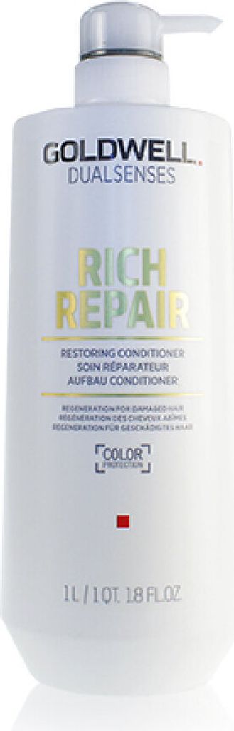 A white pump bottle of Goldwell Dualsenses Rich Repair Restoring Conditioner against a white background.