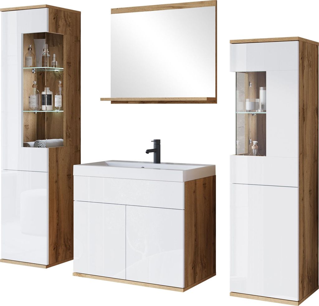 MIRJAN24 Badmöbel-Set Nairobi, Badezimmer-Set mit Spiegel und Waschbecken (Farbe: Wotan Eiche / Weiß Hochglanz, mit Siphon, mit Beleuchtung)