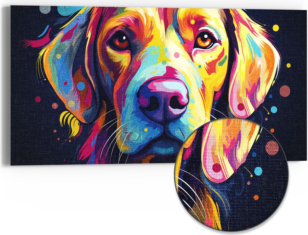 DEQOART Hybrid Leinwand Bild 60x30 cm 'Bunter Hundeblick' Wandbild Glas flach modern