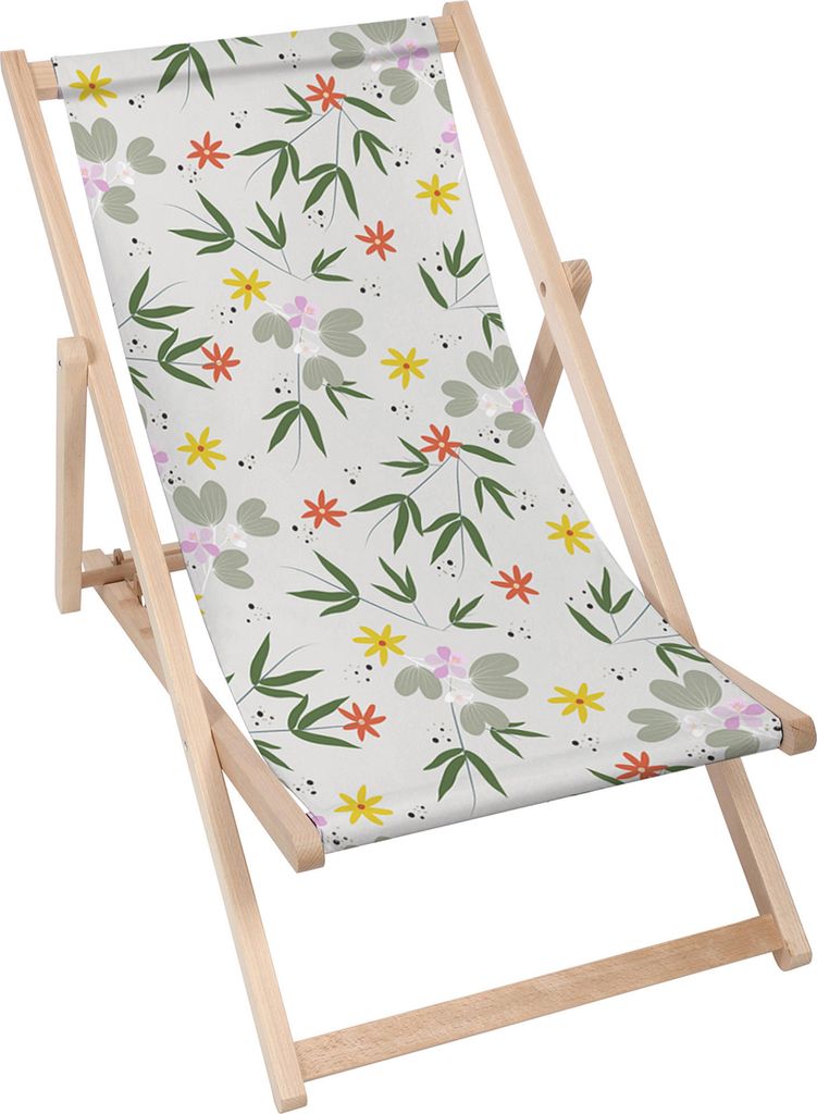 Dreamroots Liegestuhl klappbar Holz, Buchenholz bis 130 kg, Sonnenliege klappbar mit 3-stufiger Neigungsregulierung der Rückenlehne, Flower Doodling