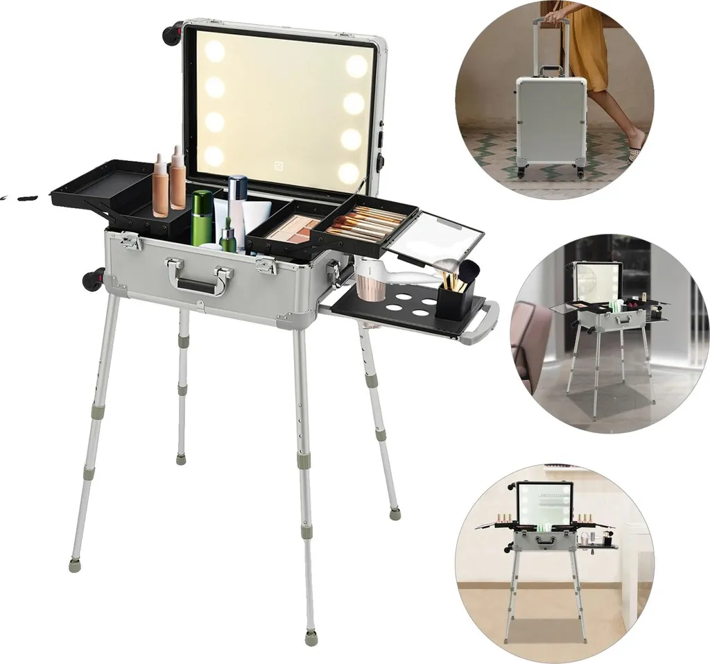 Valise Maquillage Trolley 21 pouces, 8 LED, Hauteur 85cm & Roulettes