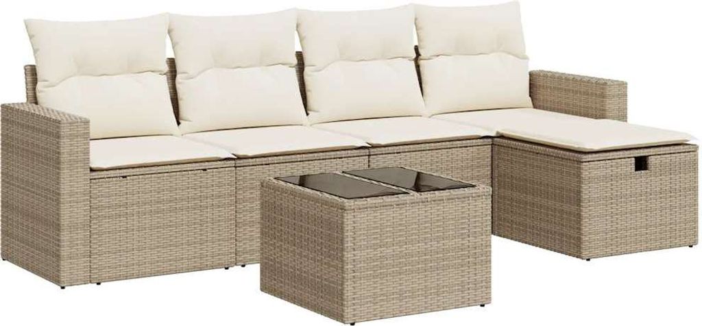 6-tlg. Garten-Sofagarnitur mit Kissen Beige Poly Rattan