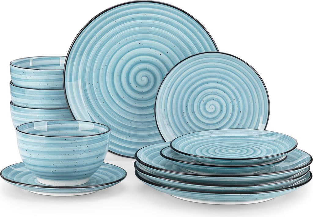 A set of blue ceramic dishes with a spiral pattern and black trim, arranged on a white background.