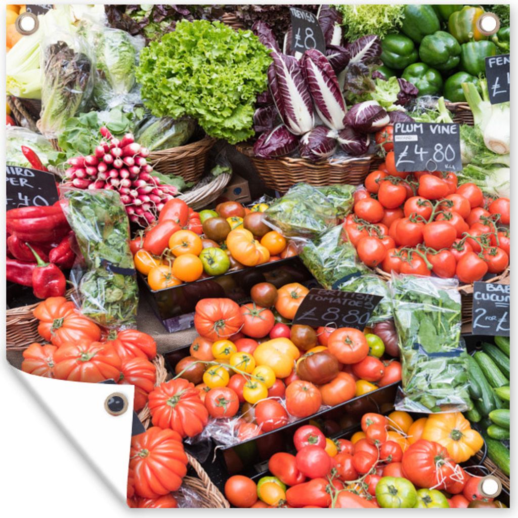 MuchoWow 50x50 cm Outdoor-Poster Gartendeko Sichtschutz Garten Poster für den Garten Markt - Obstkisten - Gemüse