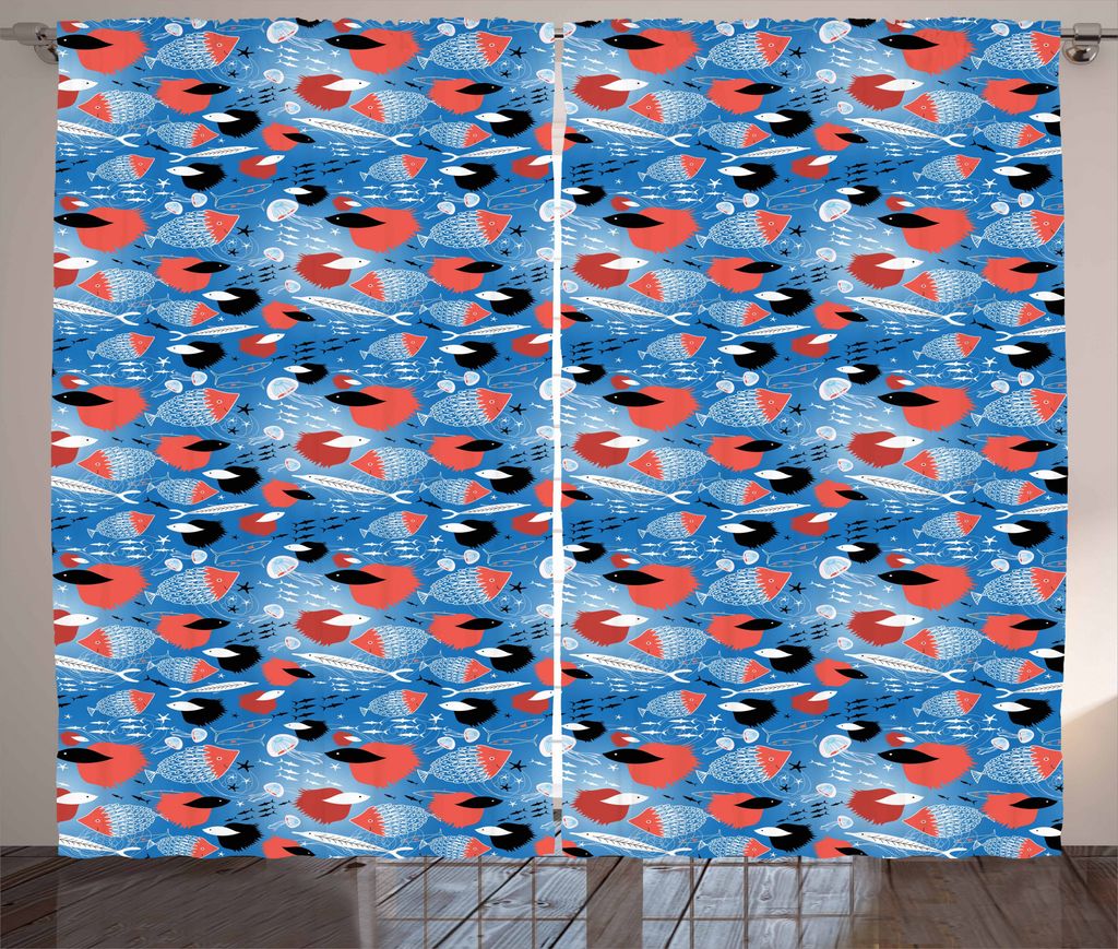 ABAKUHAUS Marine Rustikaler Gardine, Exotische Wassertiere, Schlafzimmer Kräuselband Vorhang mit Schlaufen und Haken, 280 x 175 cm, Coral Blue und...