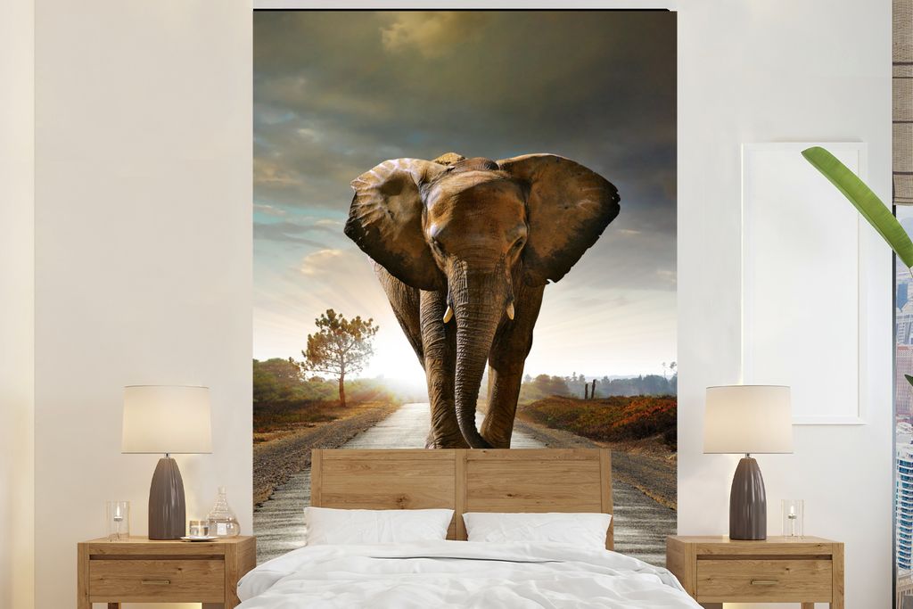 MuchoWow Fototapete für Wohnzimmer oder Schlafzimmer Wandtapete Vinyl Motivtapete Elefant - Straße - Tiere - Sonnenuntergang - Landschaft - 180...