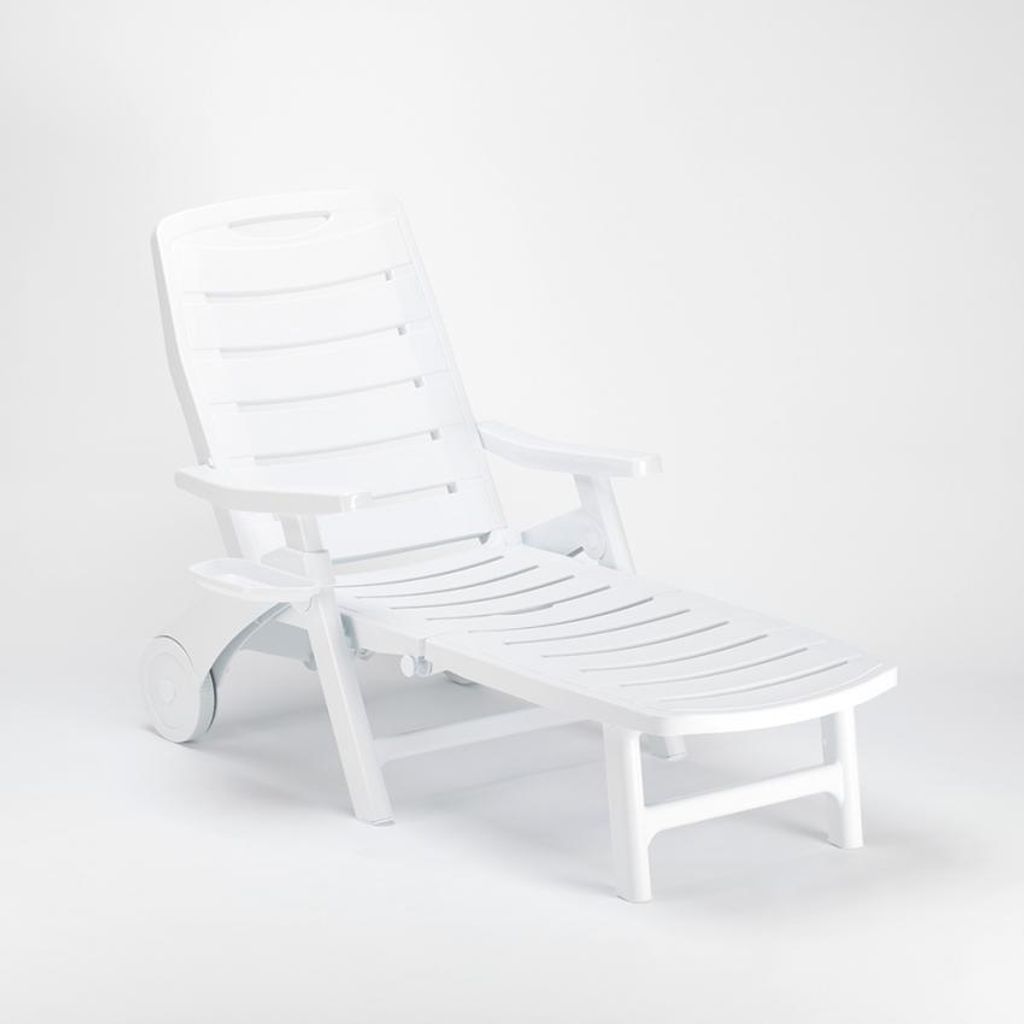 A white plastic sun lounger is shown against a white background.