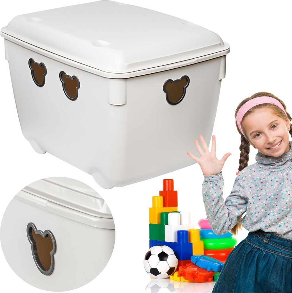 Kunststoffbehälter 40L Spielzeugbehälter Kunststoff Mit Deckel Aufbewahrungsbox Teddybär Weiß