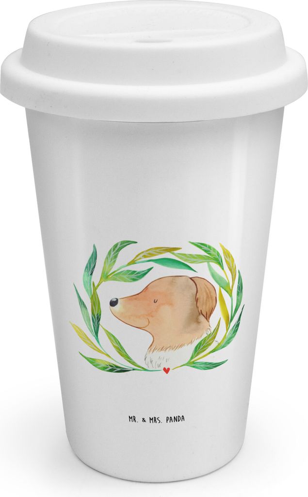 Mr. & Mrs. Panda Isolierbecher To Go Hund Blumen - Weiß - Geschenk, Niedlich, Mehrwegbecher, Keramikbecher, Becher, ToGo Kaffeebecher, Hundekopf, ...