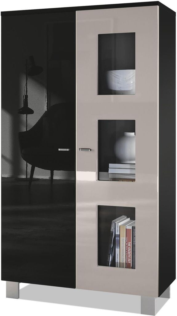 Vladon Vitrine Denjo, Germany, Standvitrine mit 2 Türen und 3 Glaseinsätzen, Schwarz matt/ Schwarz Hochglanz/ Sandgrau Hochglanz (71 x 129 x 35 cm)