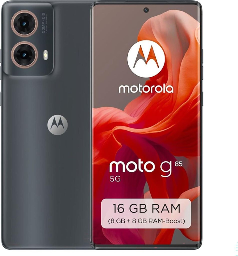 A marketing image of a Motorola Moto G85 5G smartphone, showing the back and front of the device with promotional text and graphics on the screen.