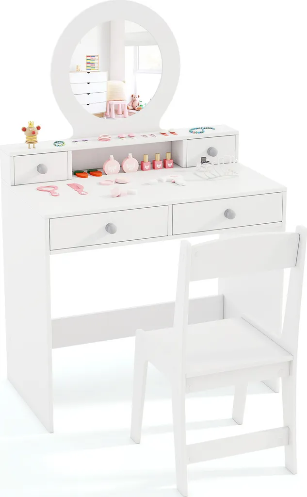 Table de Maquillage Enfant pour Chambre de Fille avec Miroir et 4 Tiroirs