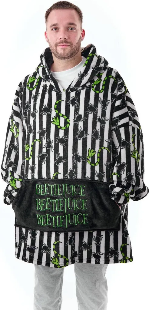 Couverture à Capuche Beetlejuice Rayée Noir Blanc et Vert en Taille Unique