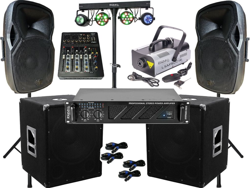 DJ PA Anlage 3600Watt 38cm Box USB Mischpult Stativ LED Light Nebel Komplett Set