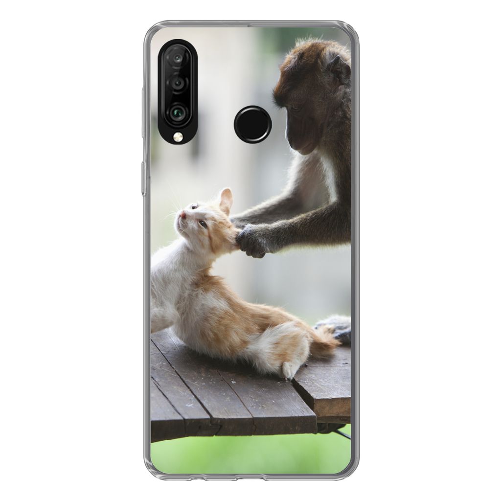 MuchoWow Handyhülle Schutzhülle Hülle für Huawei P30 Lite Katze - Affe - Holz Silikon Softcase Handy Hülle - Handyhülle