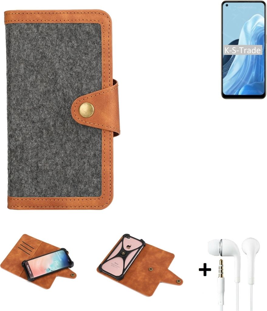 K-S-Trade Handyhülle + Kopfhörer kompatibel mit Oppo Reno7 4G Schutzhülle Filzhülle Kunstleder dunkelgrau braun (1x)