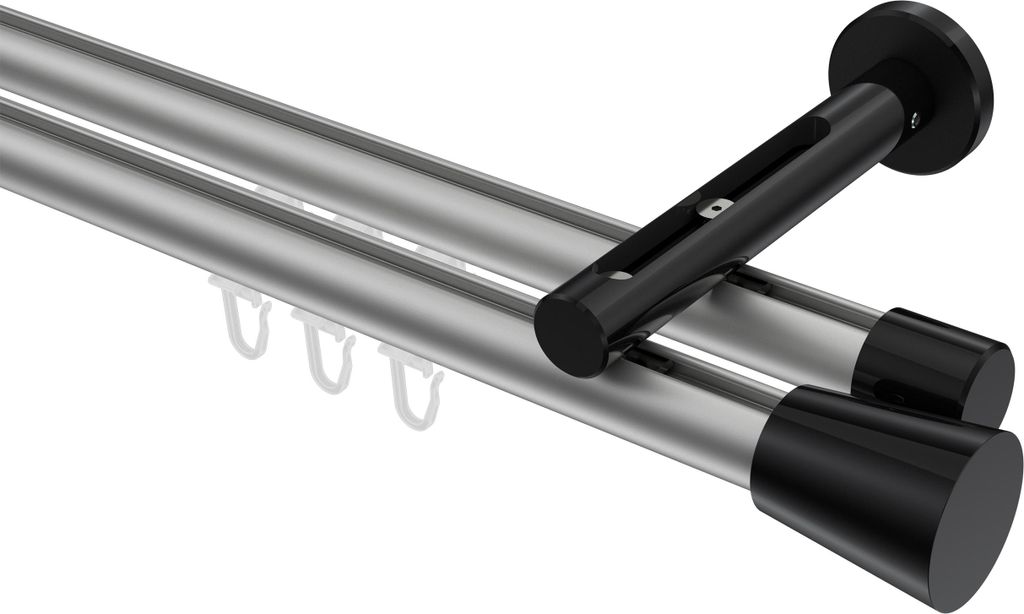Interdeco Innenlaufstange / Gardinenstange mit Innenlauf Silbergrau / Schwarz, Typ Siteno Sitra (Konus), 20 mm Ø 2-läufig, 420 cm