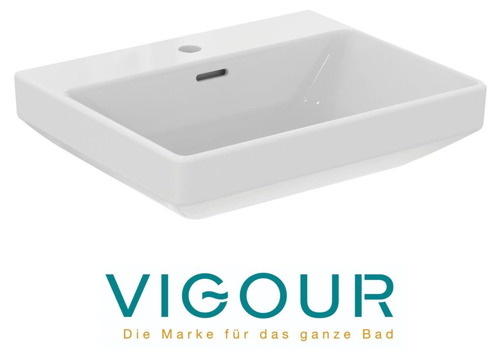 VIGOUR DERBY V3 edge Waschtisch 55x48cm mit Überlauf mittigem Hahnloch PflegetectPLUS, weiß