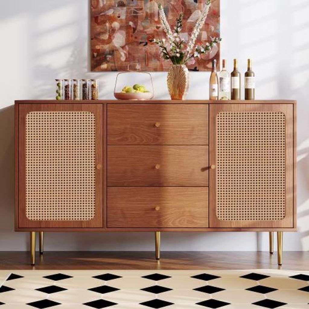 6-Schubladen Holz & Metall Kommode mit Rattanakzenten, Hochwertiger Stauraum für Schlafzimmer, Kinderfreundliche Ecken, Nussbaum, H90/B150/T40 cm