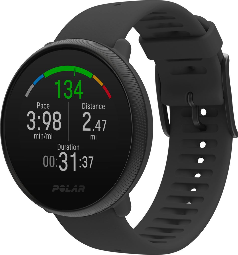 A black Polar Ignite 2 smartwatch is shown with its screen displaying fitness metrics.