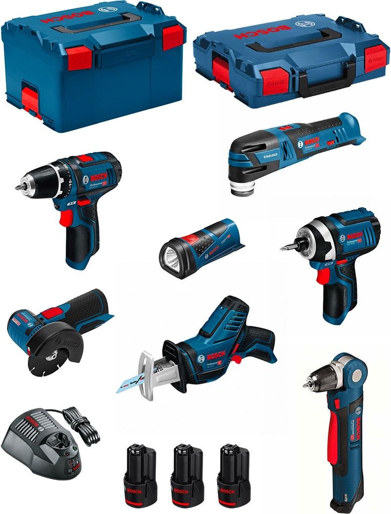 BOSCH Kit 12V BMK7-28CD3 (GSR 12V-15+GDR 12V-105+GWB 12V-10+GWS 12V-76+GOP 12V-28+GSA 12V-14+GLI 12V-80+3 x 3,0 Ah+2xL-Boxx)
