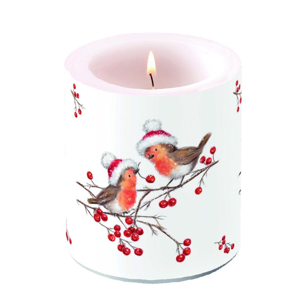Dekorkerze mittel - Christmas robins white