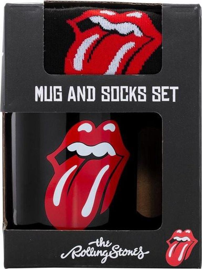 Geschenkset mit Rolling Stones Becher und Socken Tongue 315ml und TU 36-41