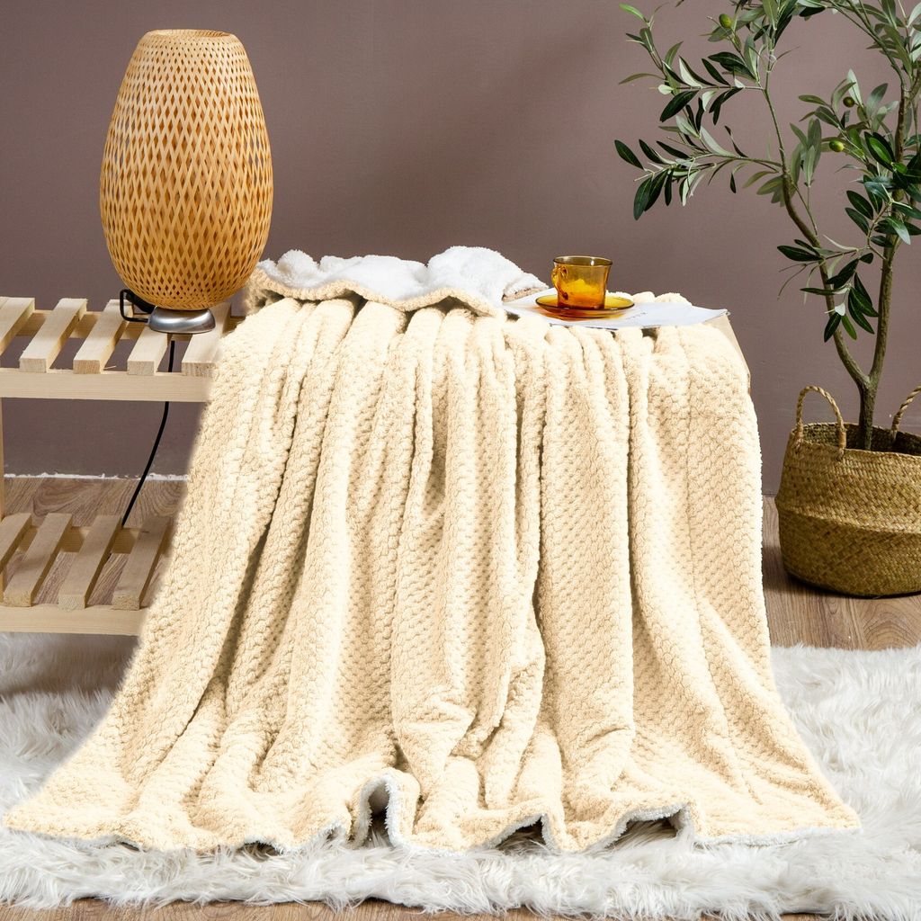 BEIGE Dicke Decke 150x200 SHERPA BOTH SIDED SHERPA WINTER WELCOME WET NARROW