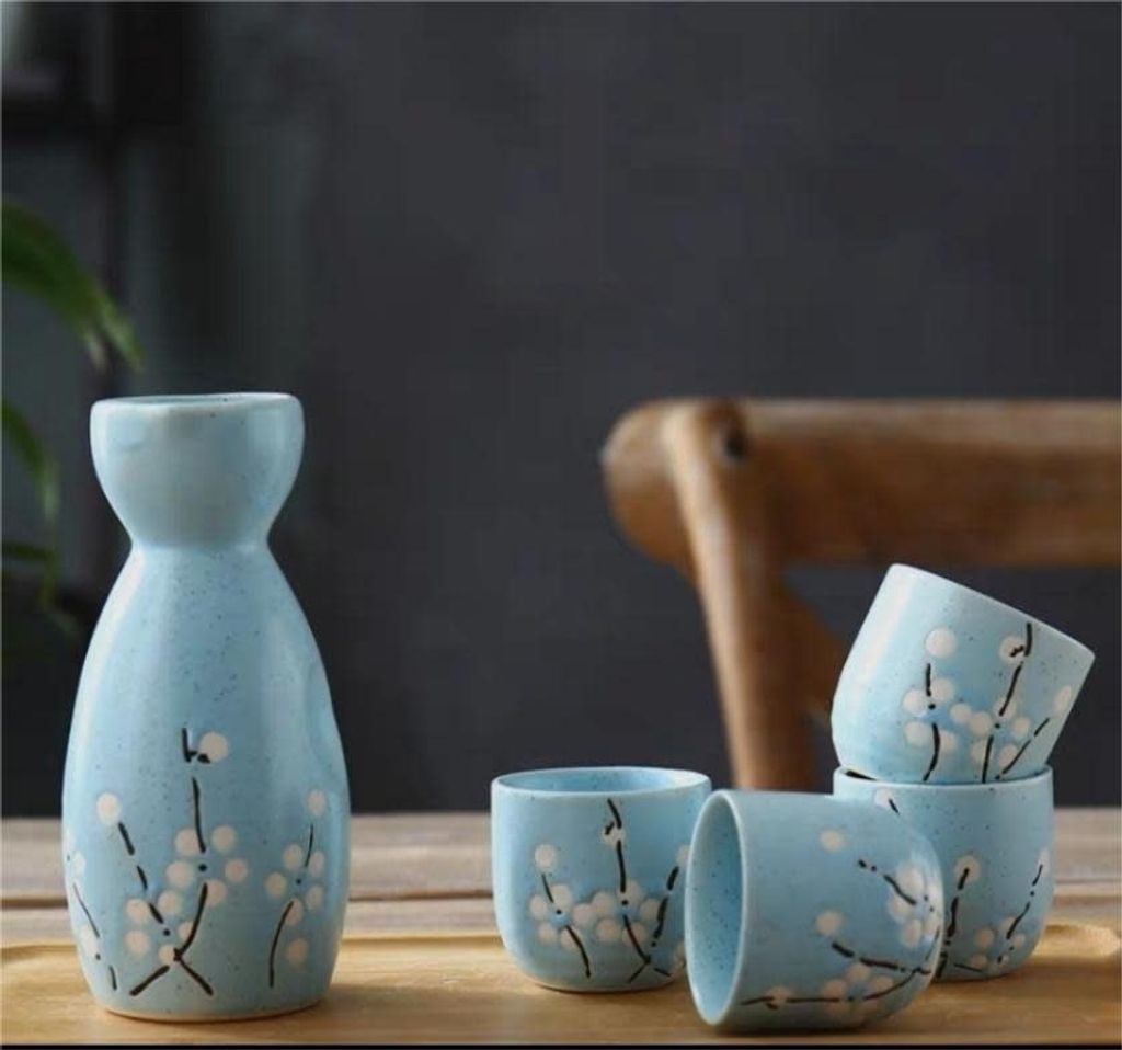 Fine Asianliving Sake Set Geschenkbox Blau Blüten Handgemacht - Koharu Set/5