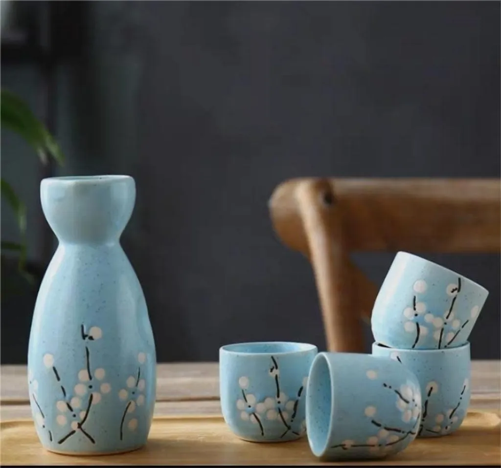 Service à saké en céramique fait main bleu fleurs avec coffret cadeau