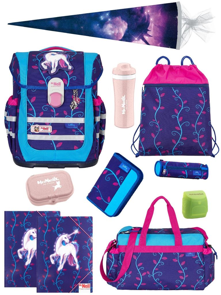McNeill Ranzen Komplett-Set 12-tlg. mit Schultüte / Zuckertüte Einhorn Schulranzen Ergo Complete für Mädchen 1. Klasse
