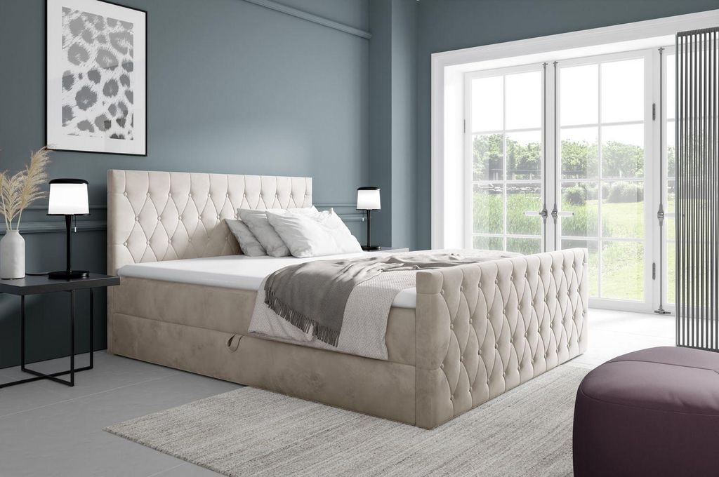 Kontinentales Bett 160x200 TEKLA mit Stauraum - beige + GRATIS Matratzenauflage