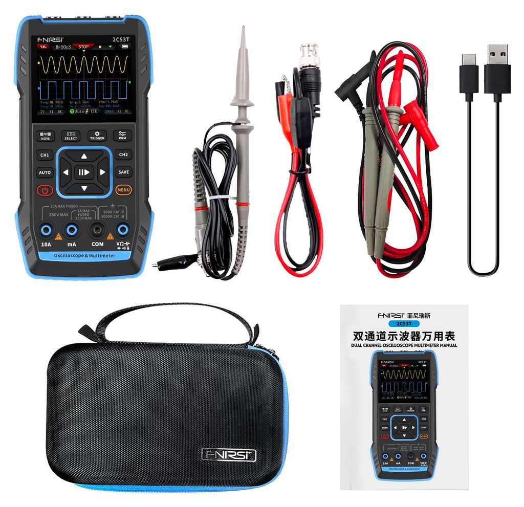 FNIRSI 2C53T 3-in-1 Oszilloskop 50MHz Dual-Kanal, Multimeter, Signalgenerator, 250MS/s, 19999 Counts, True RMS, Standard Version