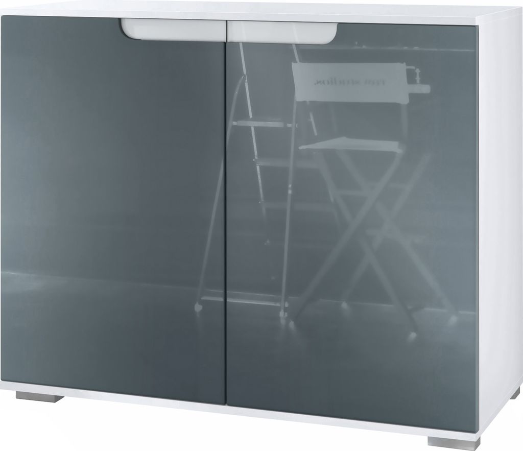 Vladon Kommode Sylt V3, Moderner Küchenschrank mit 2 großen Türen Weiß matt / Grau Hochglanz (92,5 x 75.5 x 35)