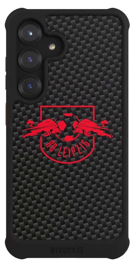 NIVOCASE Hülle für Samsung Galaxy S25 Stoßfeste Handyhülle NIVOmax Case Schwarz Carbon Offizielles Lizenzprodukt RB Leipzig