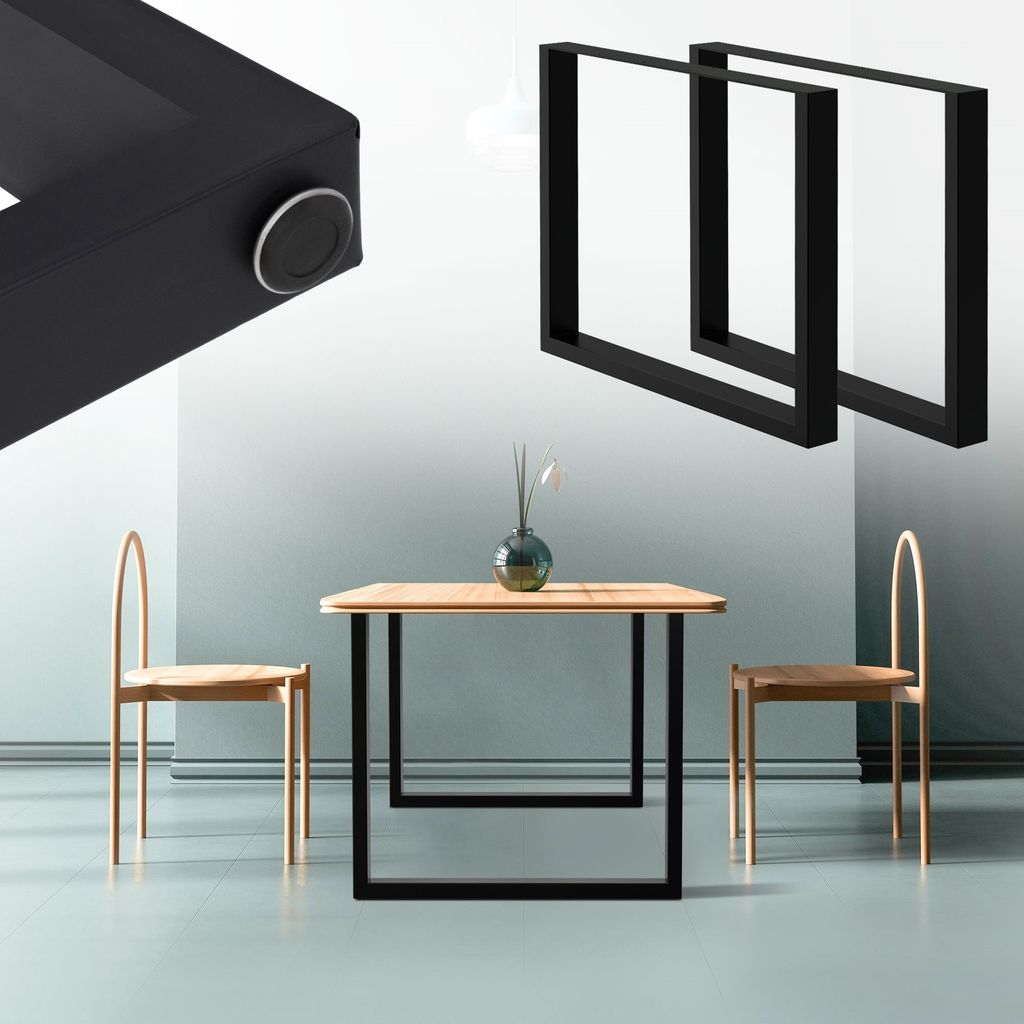A table and chairs set, with a close-up of a black table leg and two black table leg frames.
