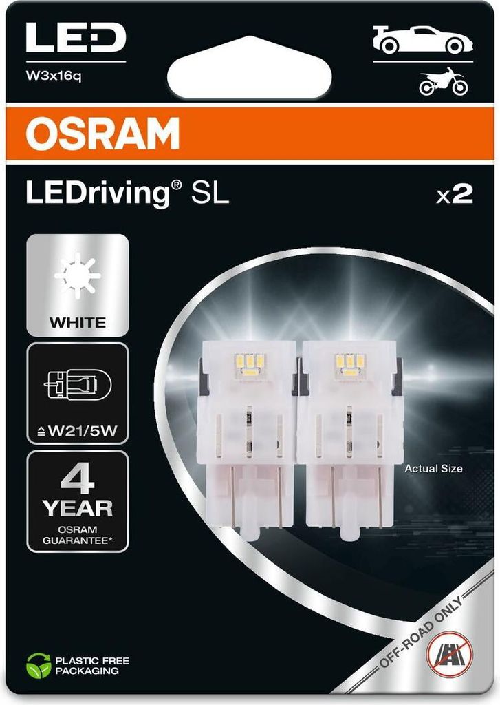 Packaging for OSRAM LEDriving SL W21/5W LED bulbs.