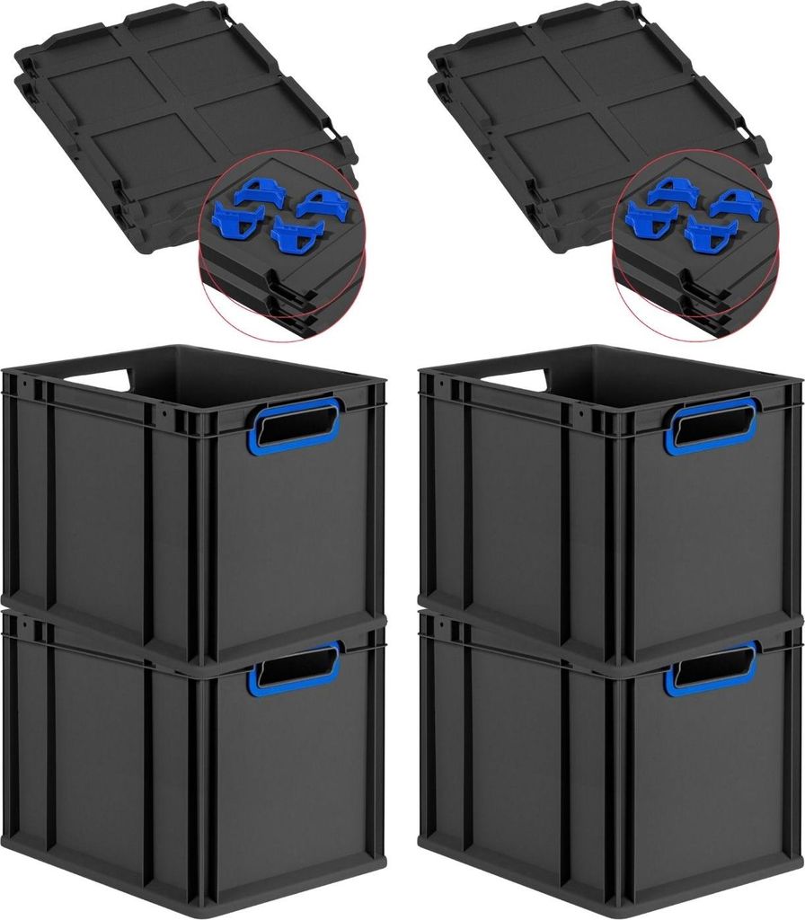 SuperSparSet 4x Eurobox NextGen Color mit Auflagedeckel und Schiebeschnappverschlüsse | HxBxT 32x30x40cm | 30 Liter | Schwarz | Griffe blau offen ...