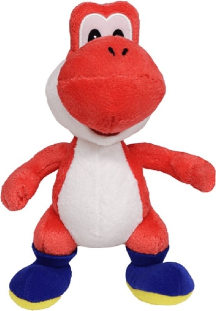 A red Yoshi plush toy is shown from the front against a white background.