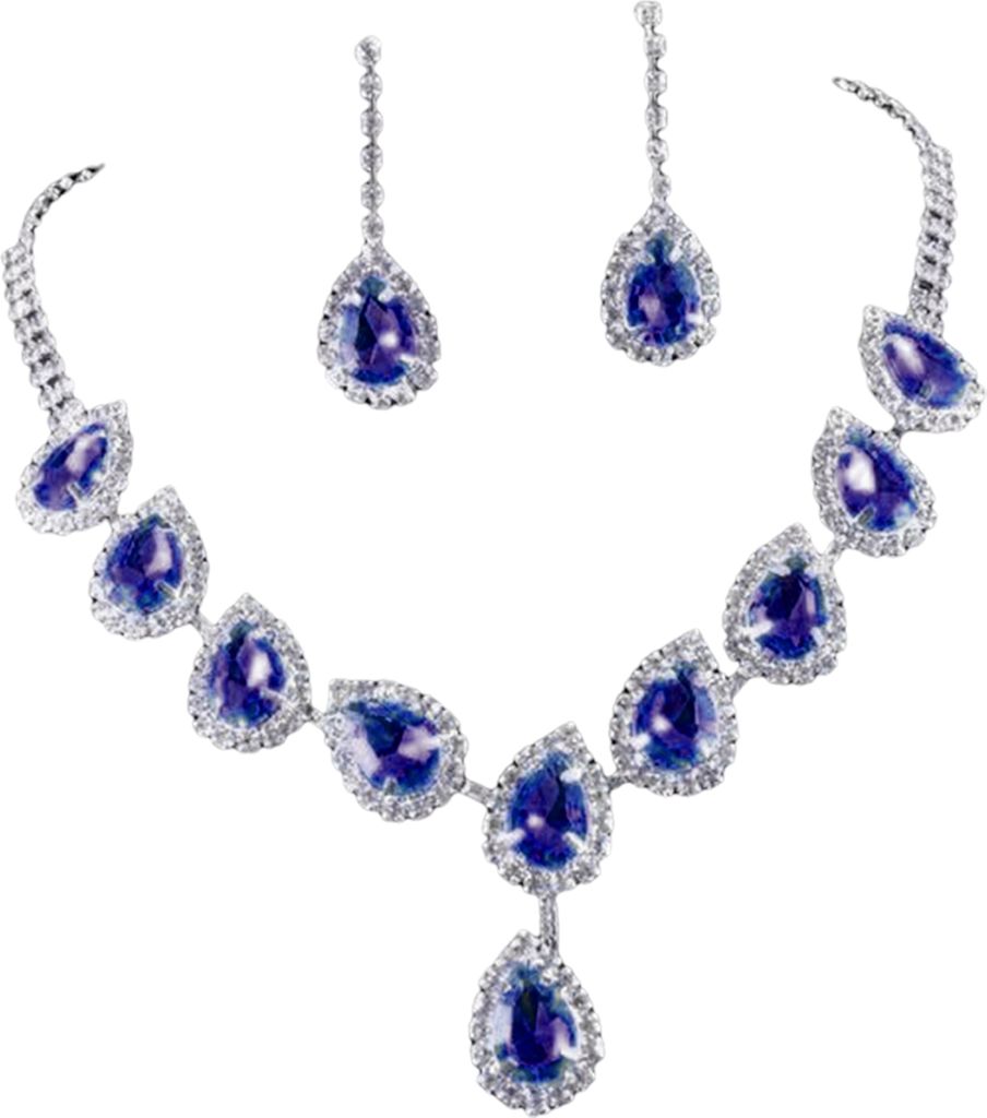 1 Set Frauen Halskette Ohrringe Wassertropfenförmigen Strass Schmuck Funkelnden Hellen Glanz Schmuck Set für Abschlussball-Blau