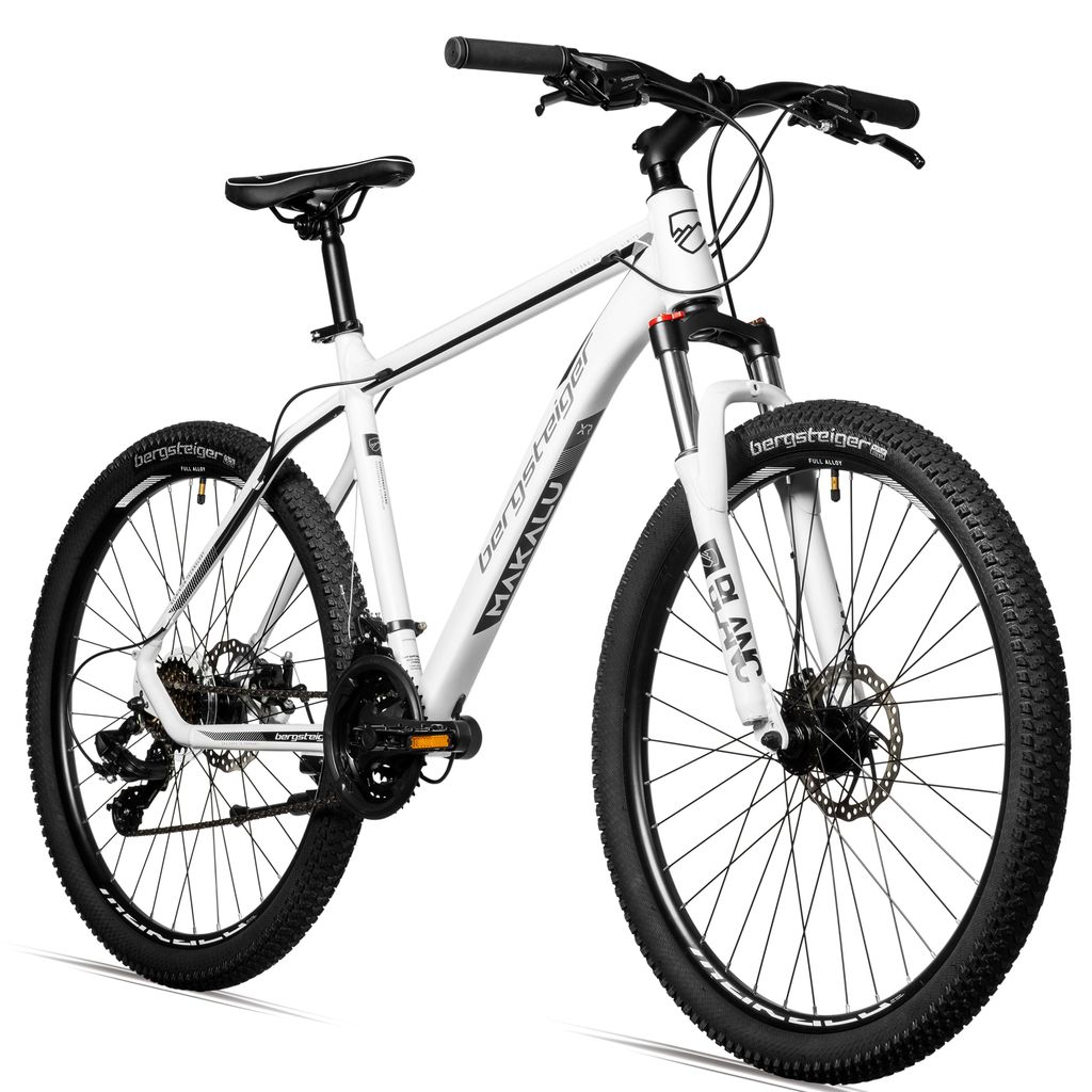 A white mountain bike is shown against a white background.